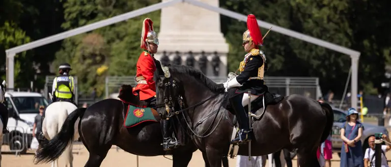 Two ceremonial guards in red and black uniforms with plumed helmets face each other on black horses.
