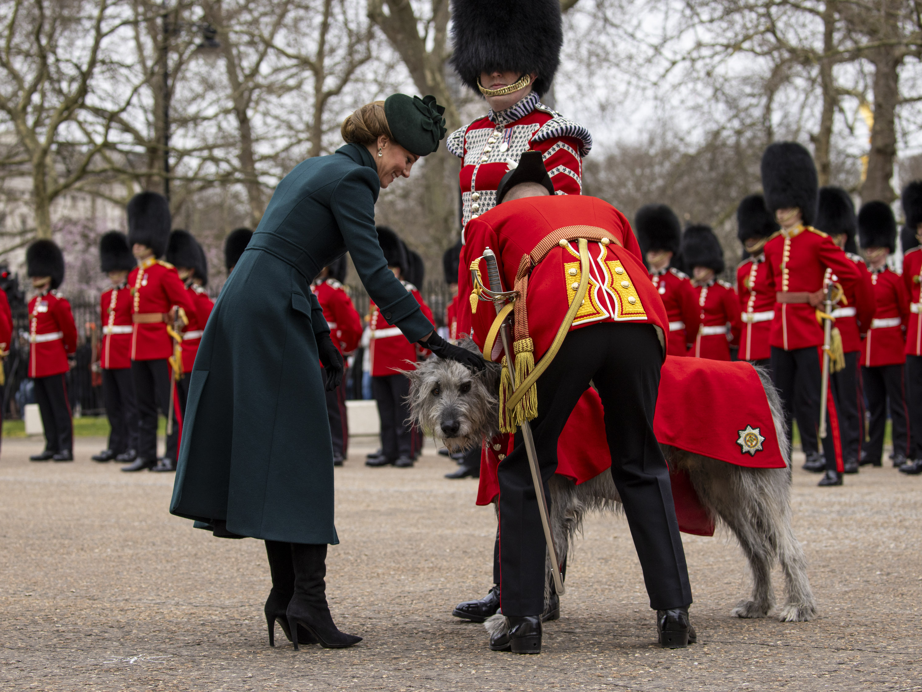 Her Royal Highness The Princess of Wales smiles as she pets an Irish wolfhound, soldiers in red tunics and bearskin hats are also present. 
