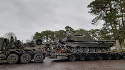 A Challenger 2 Main Battle Tank being transported by Heavy Equipment Transporters.