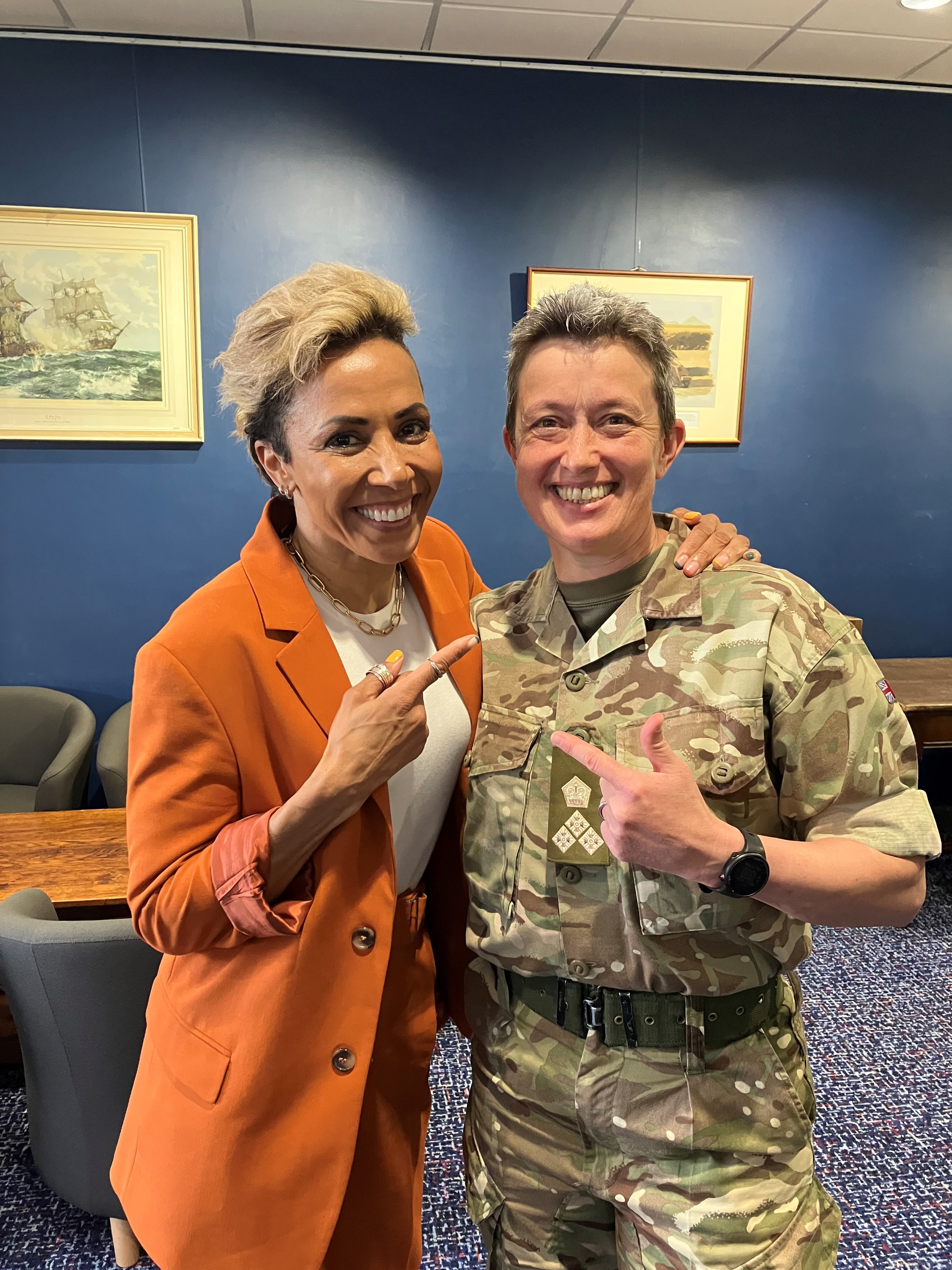 Dame Kelly Holmes, former soldier and Honorary Colonel of the Royal Armoured Corps Training Regiment and Brigadier Clare Phillips CBE, Chair of the Army LGBT+ Network during the filming of Dame Kelly's documentary 2022.