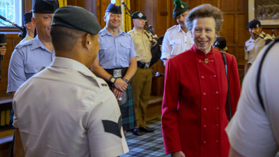The Princess Royal visits the Army School of Highland Piping and Drumming.
