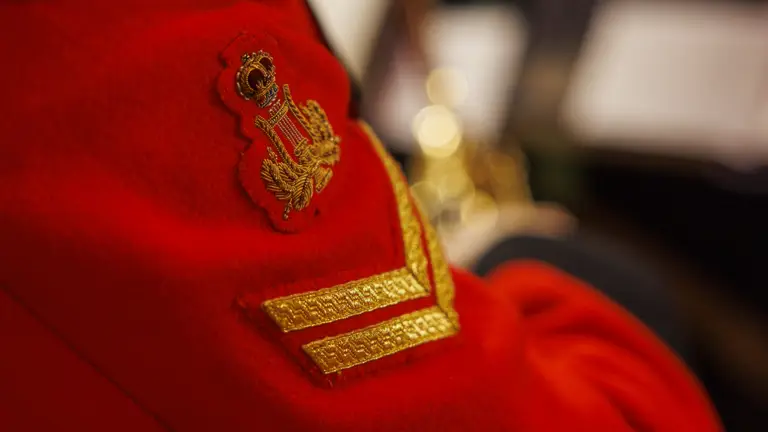 Close-up of a red military uniform sleeve with gold insignia and a crown emblem on a blurred background.