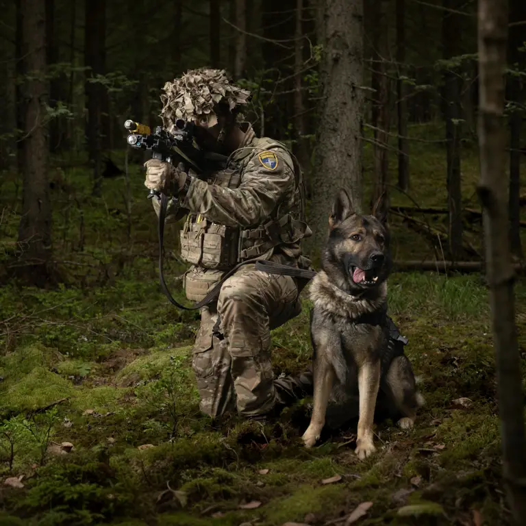 A military dog handler from 104 Military Working Dog Squadron kneels alertly in dense woodland, his weapon raised as he carefully scans the surrounding area. Beside him stands a Czech Shepherd patrol dog, attentive and ready to respond. Attached to its handler by a lead, the Military Working Dog remains close and focused, demonstrating the discipline, trust and strong partnership essential to their patrol duties.