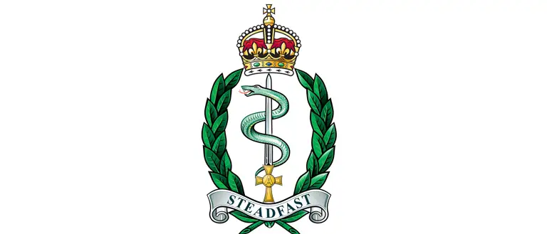 A British Army cap badge on a white background. The cap badge has a Tudor Crown at the top, sitting above a laurel wreath. In the centre is the staff of aesculapius (a snake wrapped around a sword). At the bottom is an inscription, Steadfast.