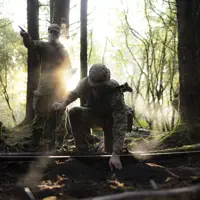 Several soldiers in uniform are pictured within a woodland on exercise.