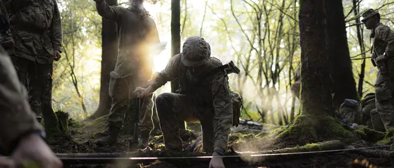 Several soldiers in uniform are pictured within a woodland on exercise.