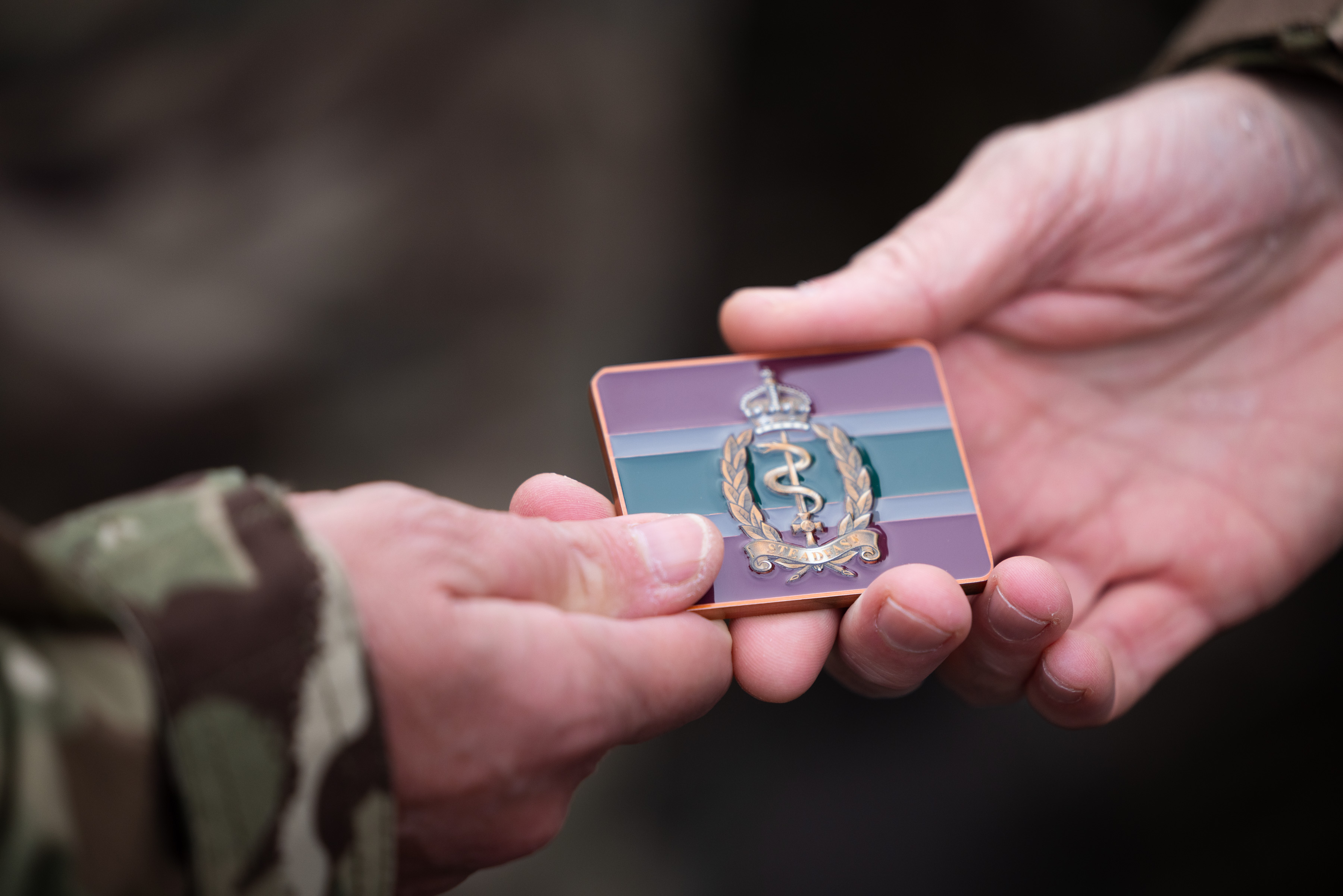 A token with the new Royal Army Medical Services logo is handed to a soldier in uniform. 
