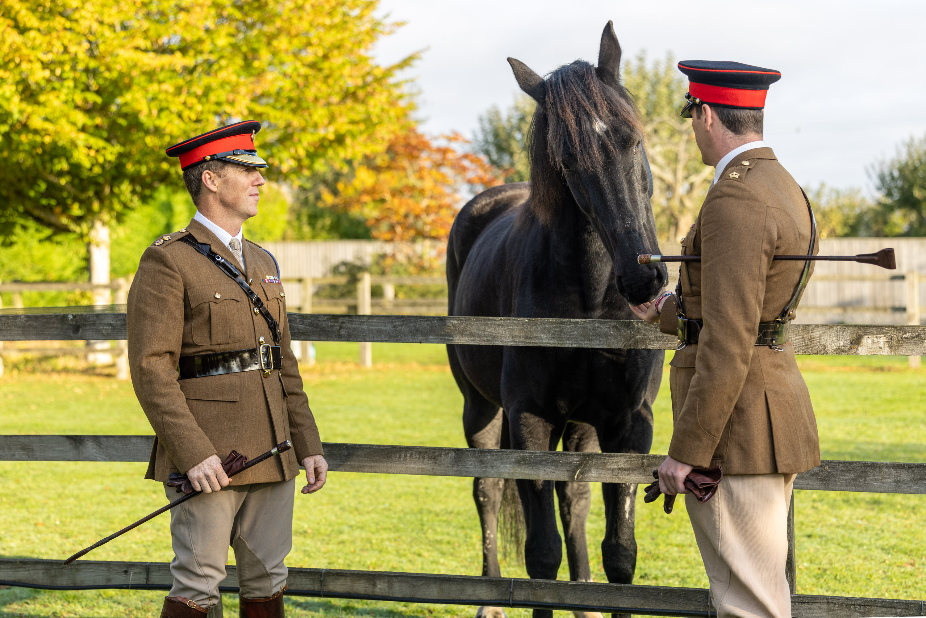 Two British Army officers in khaki uniforms, are standing either side of a black horse that is leaning over a fence.