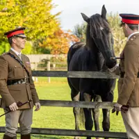 Two British Army officers in khaki uniforms, are standing either side of a black horse that is leaning over a fence.