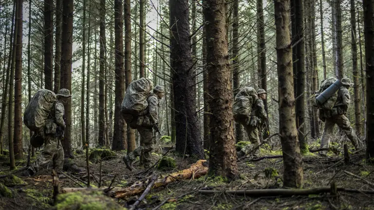 Soldiers in uniform are camouflaged in a woodland area.