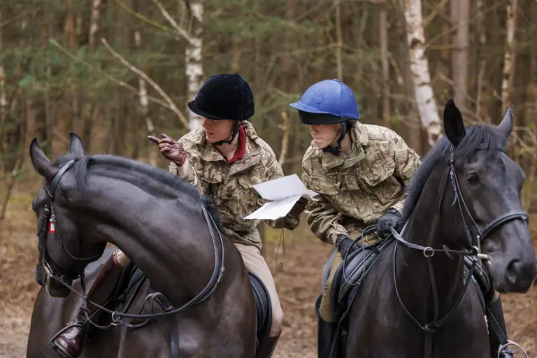 Two people in camouflage uniforms are riding black horses through a forested area. They are both wearing helmets.