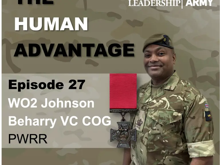 Picture of soldier on Podcast advert in uniform