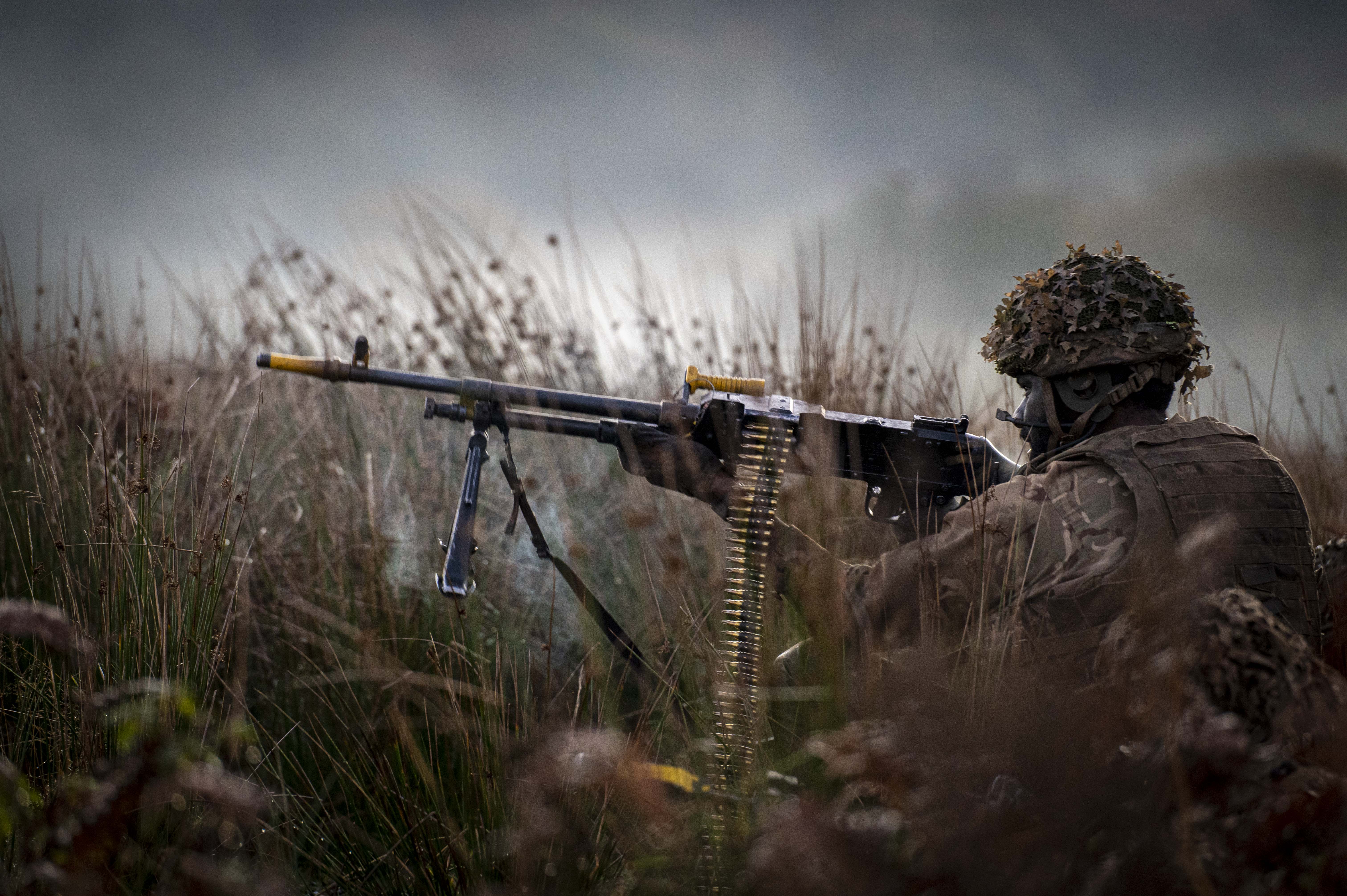A soldier wearing camouflage uniform takes aim with a machine gun.