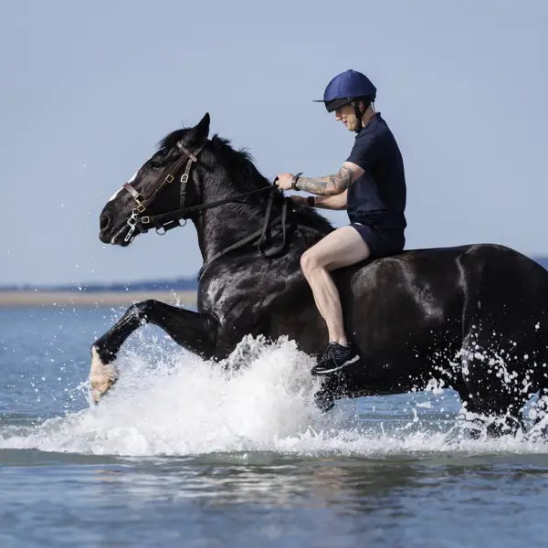 A person rides a black horse through shallow ocean water, creating splashes. The rider wears a helmet and is dressed in dark clothing. The background features a clear blue sky and distant shoreline.