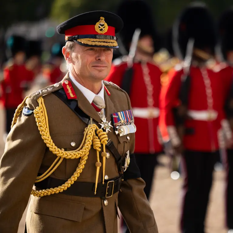 Senior military officer in ceremonial uniform with medals and gold braids walking past guards in red coats.