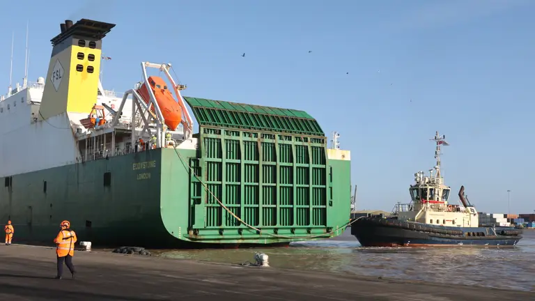 A large green roll on, roll of ferry is moored in a port. A tug boat is nudging the side of the ferry.