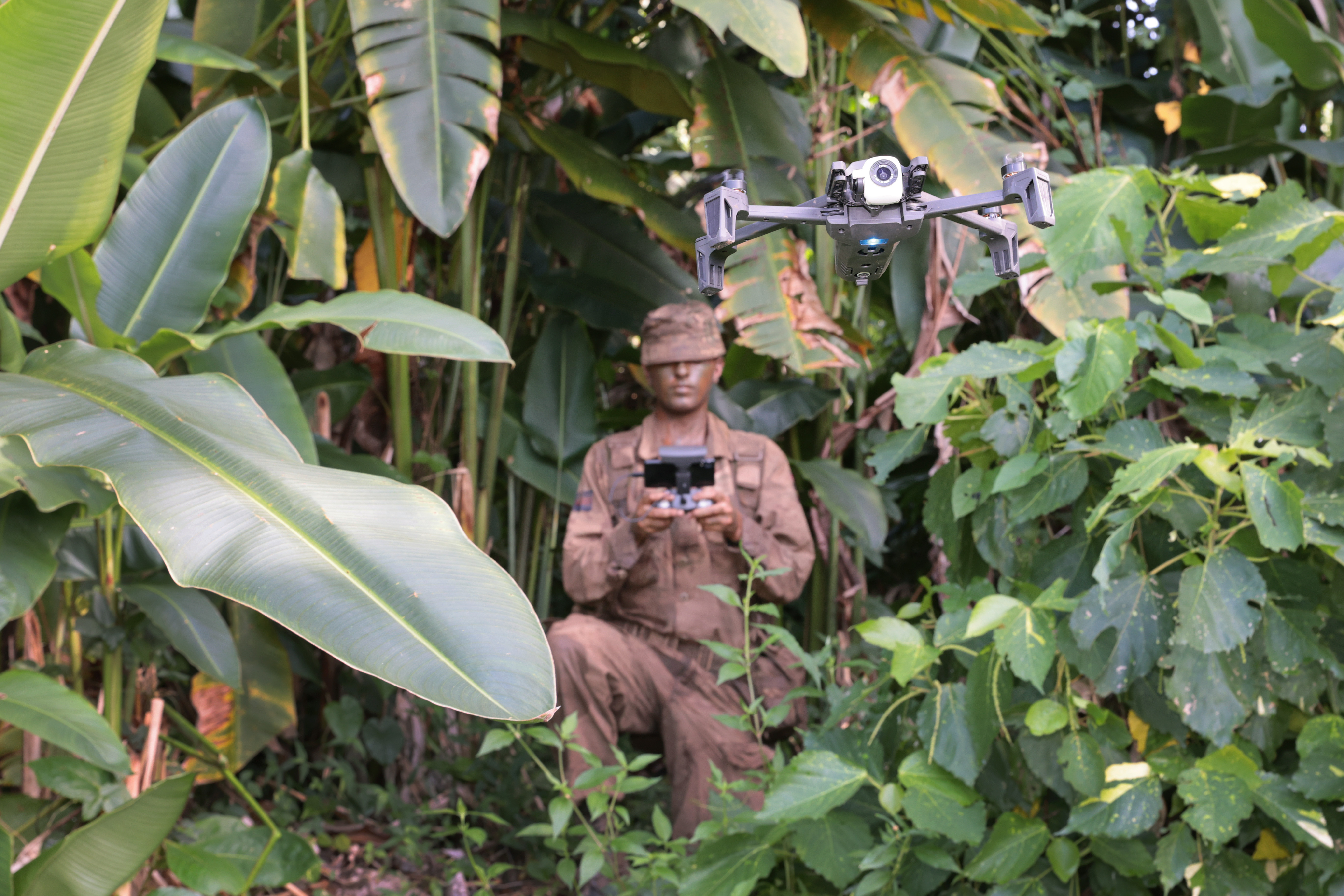 Person in camouflage gear operating a drone amidst dense tropical foliage with large green leaves surrounding them.