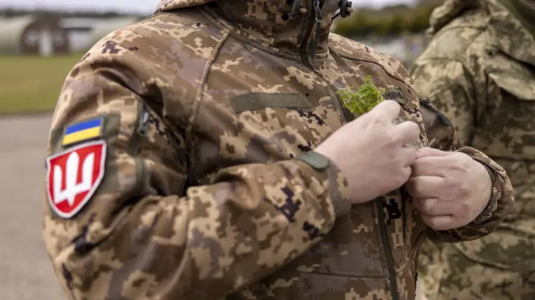 A close up of a Ukrainian Army uniform with a shamrock on the chest.