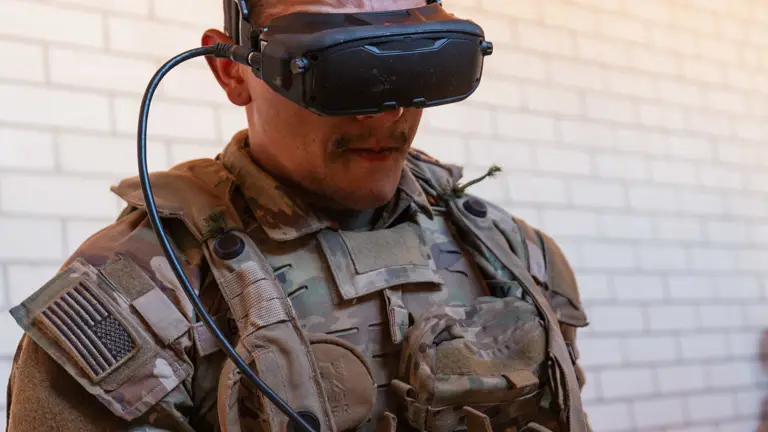 A soldier in camouflage gear operates a remote control while wearing VR goggles, focused and intent. The setting is a room with light brick walls.