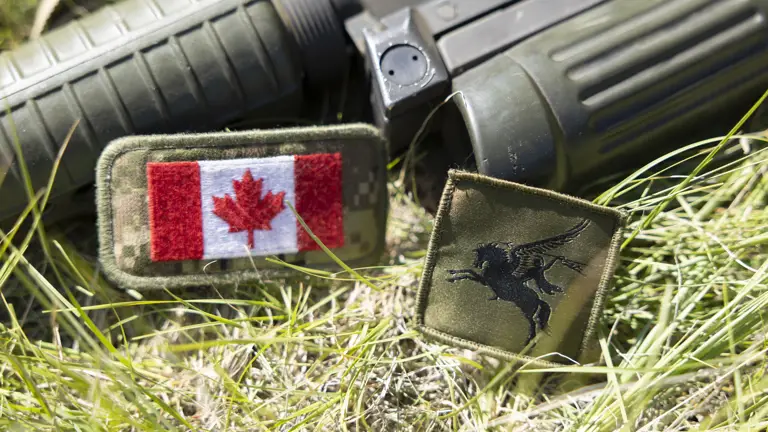 A firearm lies on grass alongside two patches. One patch displays the Canadian flag, and the other shows a black Pegasus design on a green background.