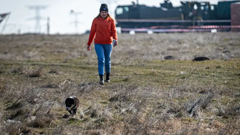 A lady in casual civilian attire walks behind a puppy in a field.