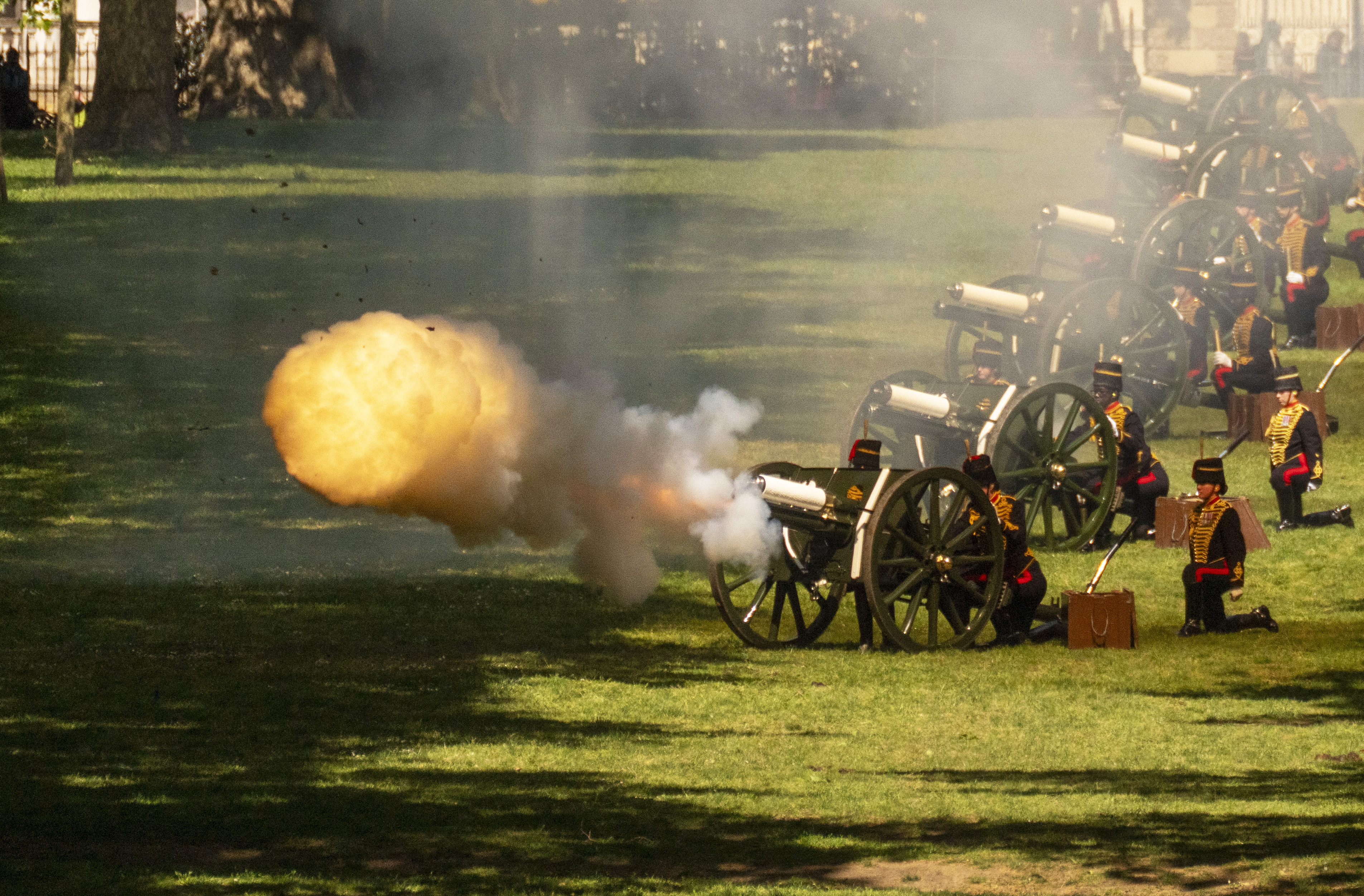 A ceremonial volley of cannons firing on a grassy field, with smoke and fire emerging from one of the cannons. 