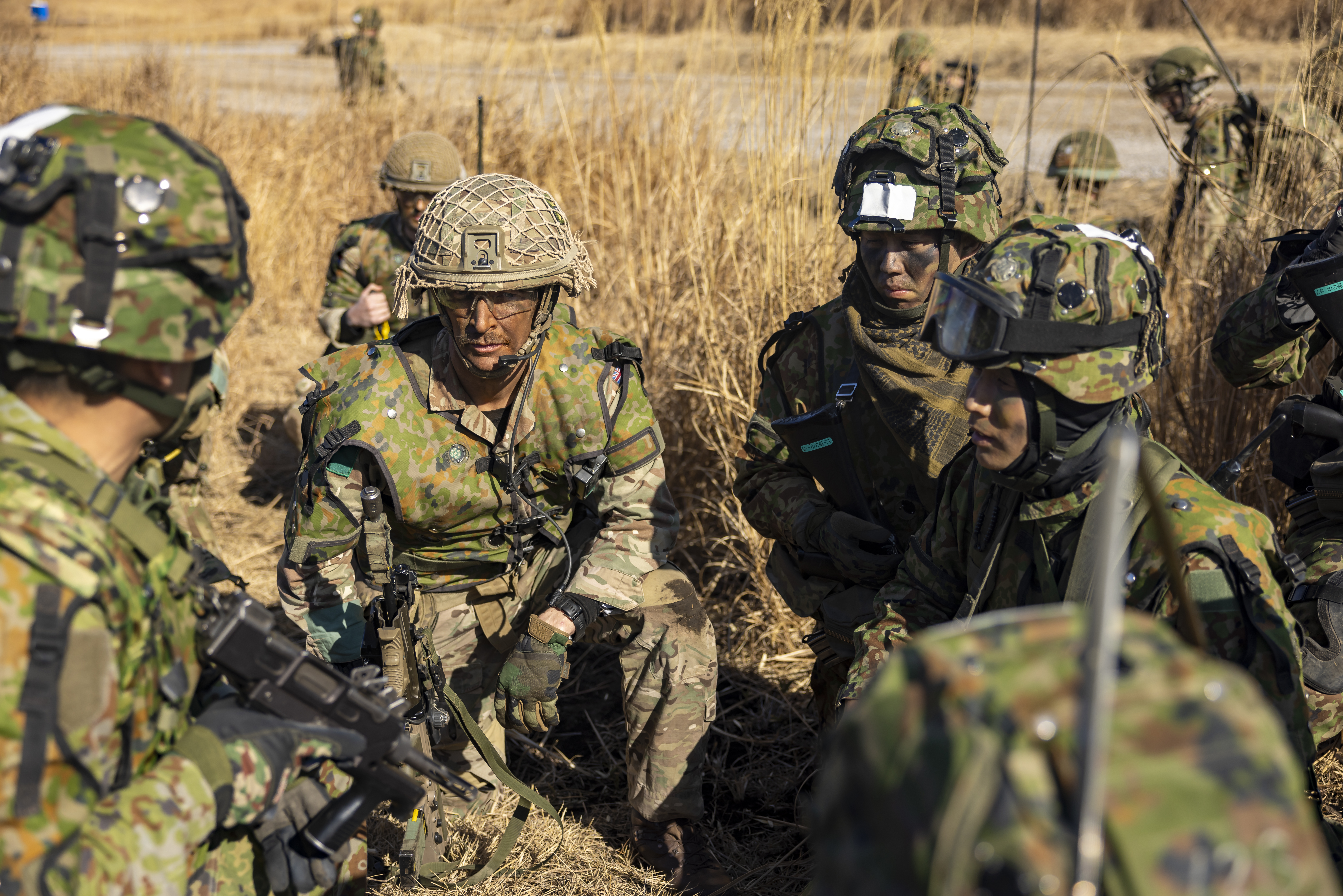 Paratrooper soldier in combat camouflage uniform engaged in planning with the Japanese Ground Self Defence Forces’ soldiers also seen in their combat camouflage uniform on an exercise in a grassy landscape in Japan.