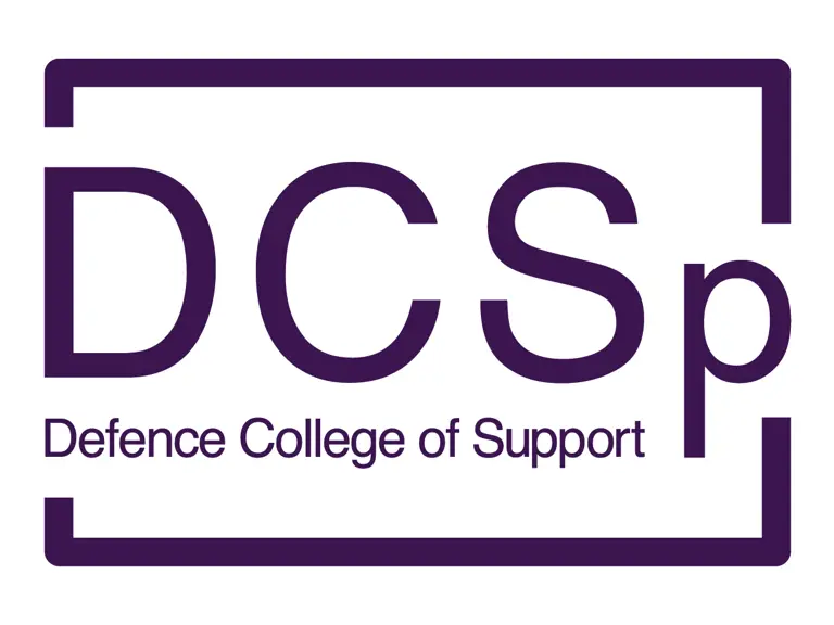 Logo featuring the acronym DCSp with the full name Defence College of Support beneath, framed by a purple rectangle.