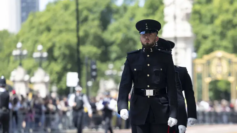 Soldiers in dark uniforms march in formation at a ceremonial event, with blurred crowds and greenery in the background. The scene conveys formality.