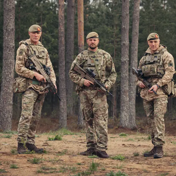 Three brothers stand next to each other wearing camouflage uniforms and holding rifles.