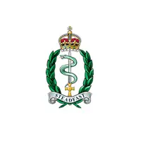 A British Army cap badge on a white background. The cap badge has a Tudor Crown at the top, sitting above a laurel wreath. In the centre is the staff of aesculapius (a snake wrapped around a sword). At the bottom is an inscription, Steadfast.