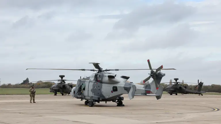 Military helicopters parked on a concrete airfield with a soldier standing nearby under a cloudy sky.