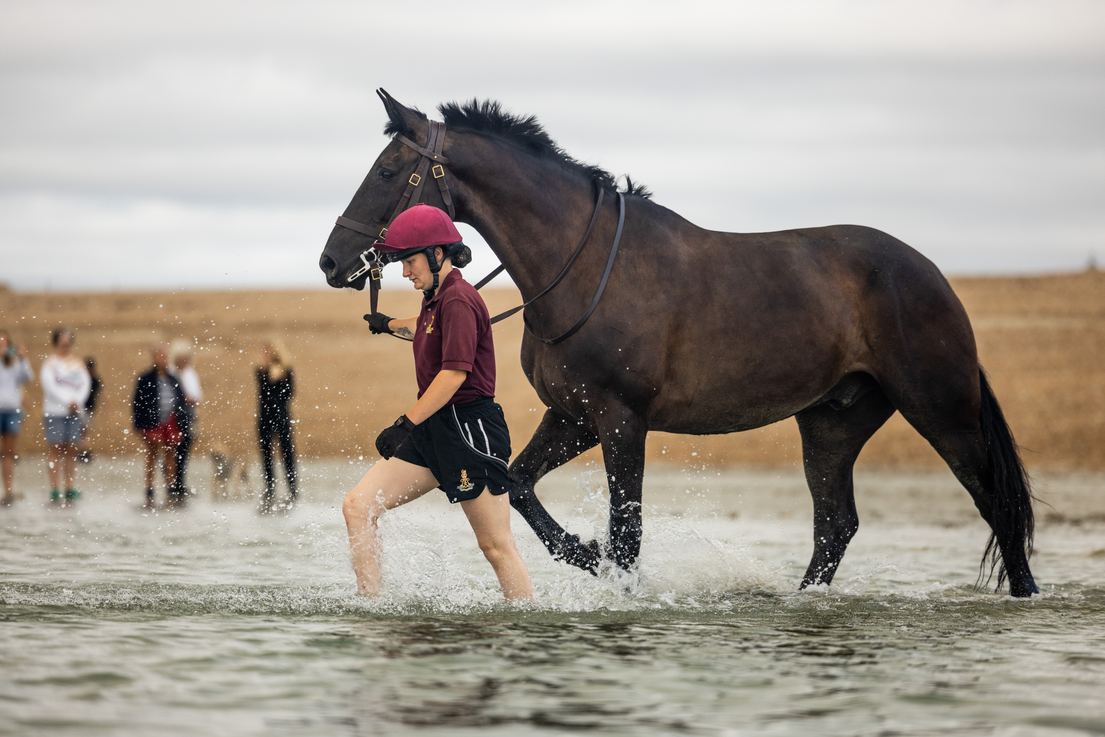 A person in a helmet leads a horse through shallow water. In the background, there are people standing on the shoreline.