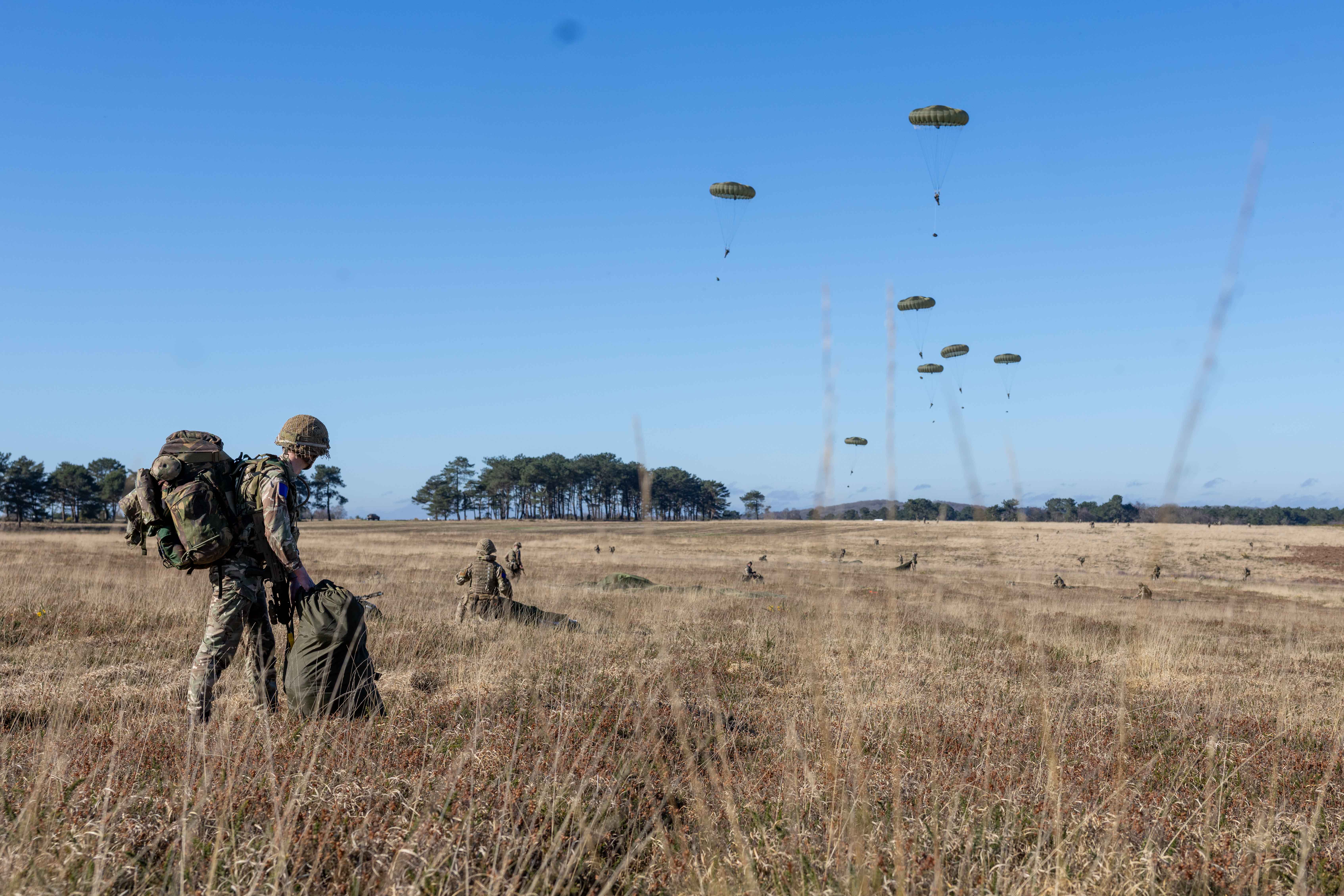 Soldiers in camouflage gear prepare equipment in a dry field while multiple parachutes descend from the clear blue sky.