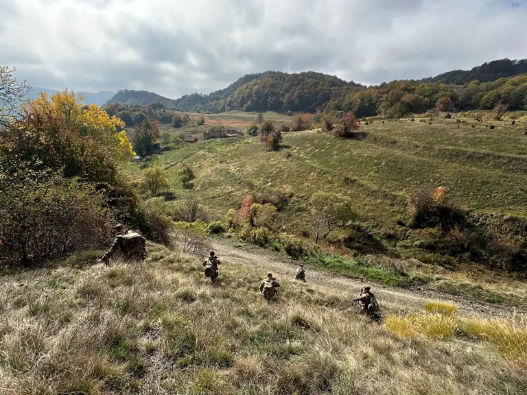 Four soldiers in camouflage uniforms kneel in long grass along a gravel track.