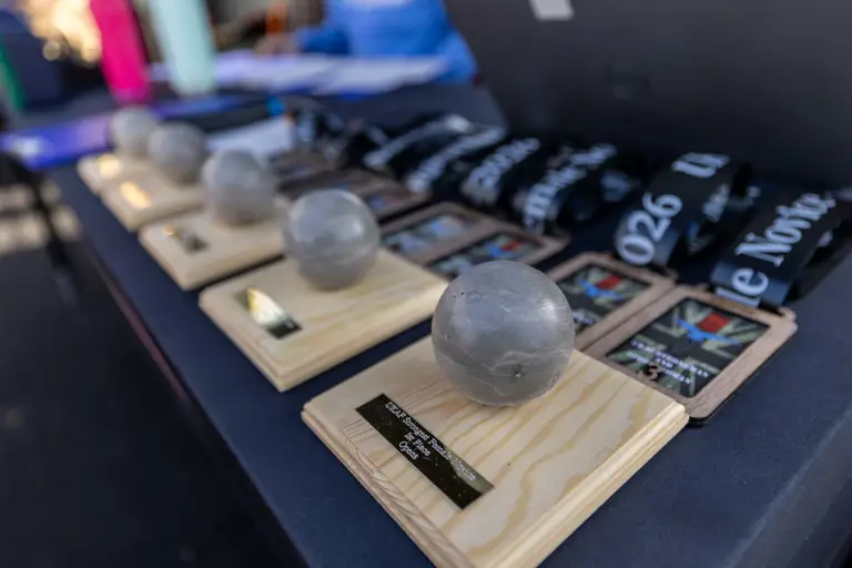 Trophies with round grey stones on wooden bases and engraved plaques are lined up on a table, along with black lanyards and cards.