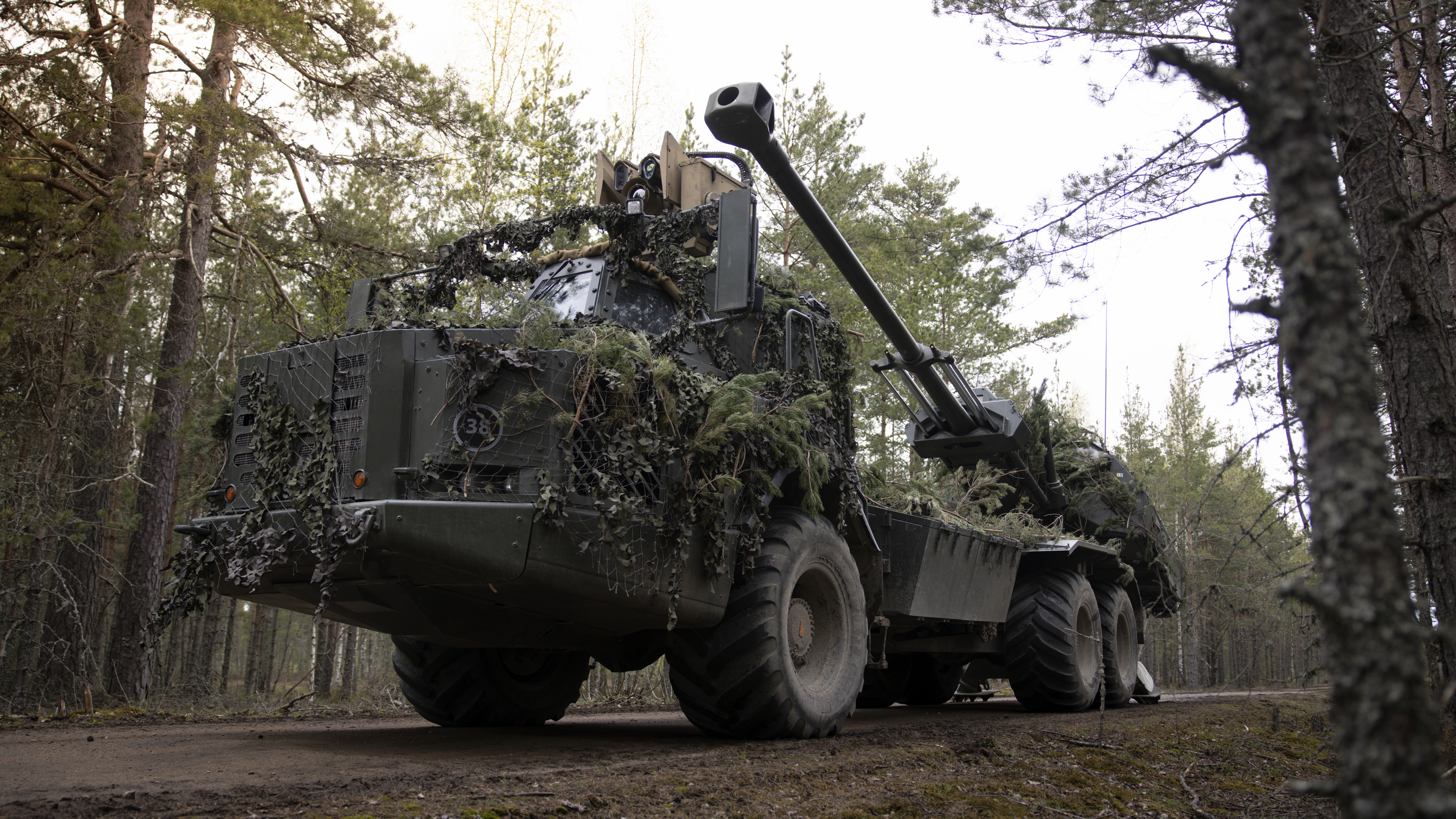 A military vehicle covered with camouflage netting and foliage is parked on a dirt road in a forested area. 