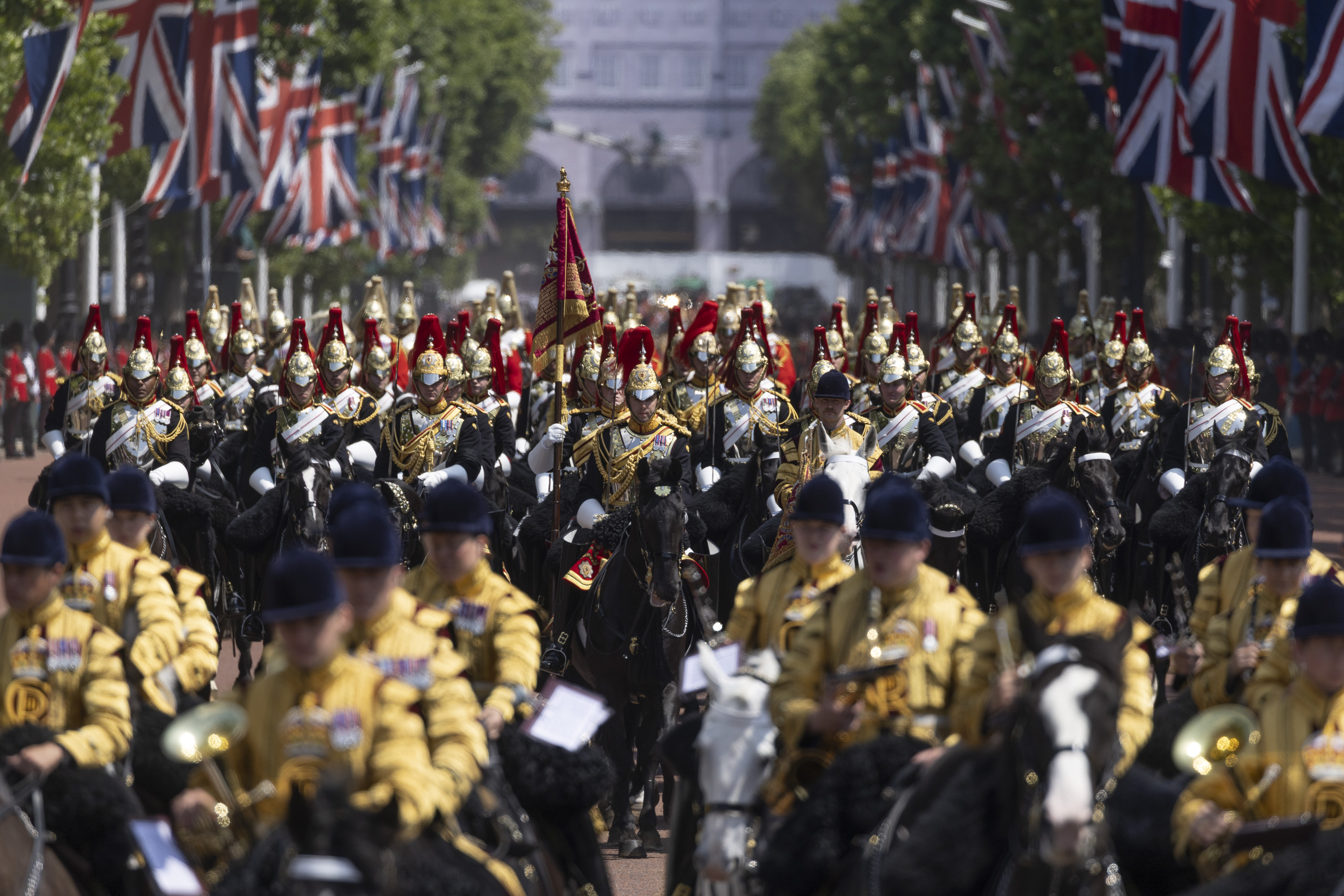 Many soldiers are pictured on horseback in ceremonial attire, some are wearing black and some are wearing yellow. 