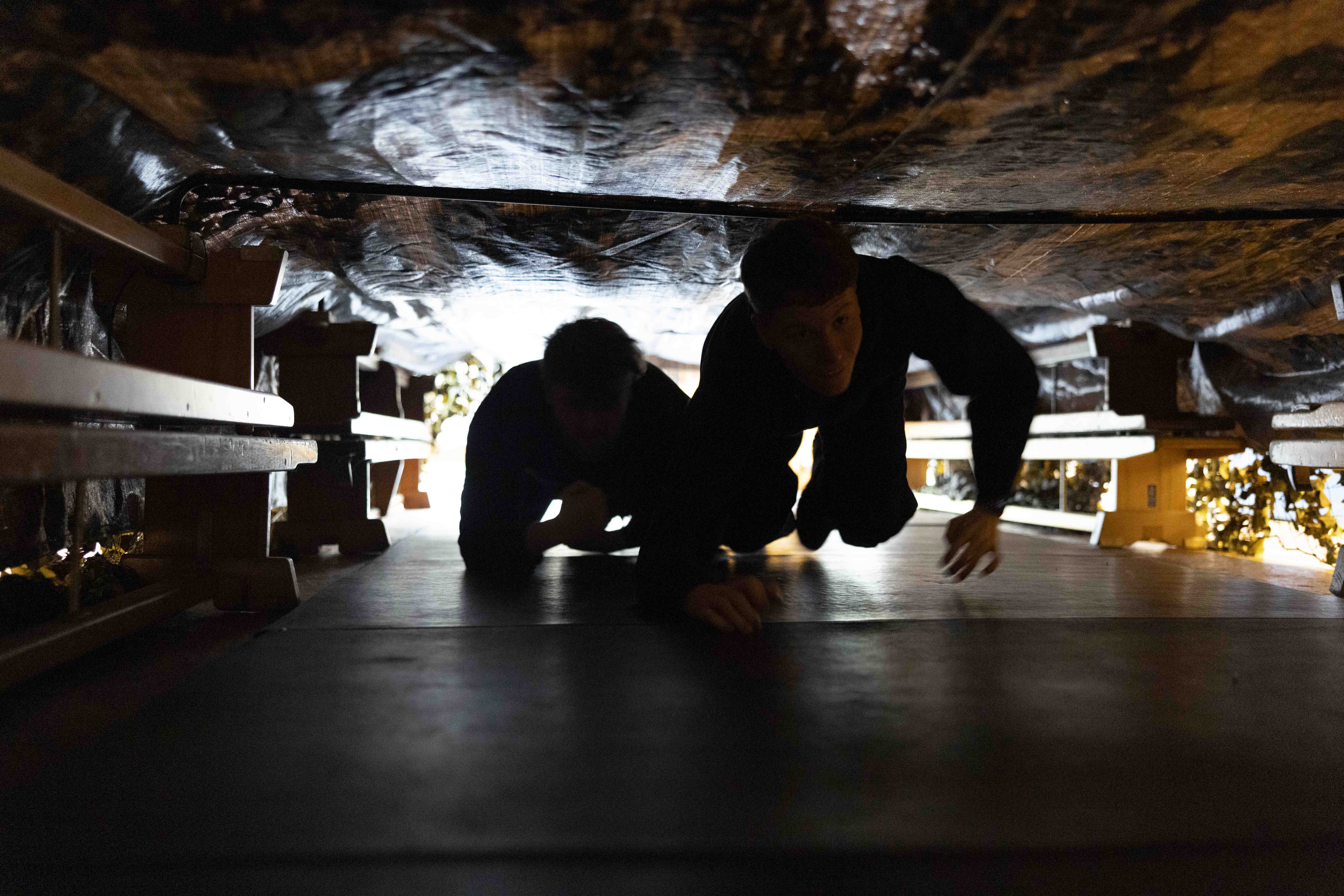 Two people crawling through a narrow, dimly lit tunnel with rough, rocky walls overhead.