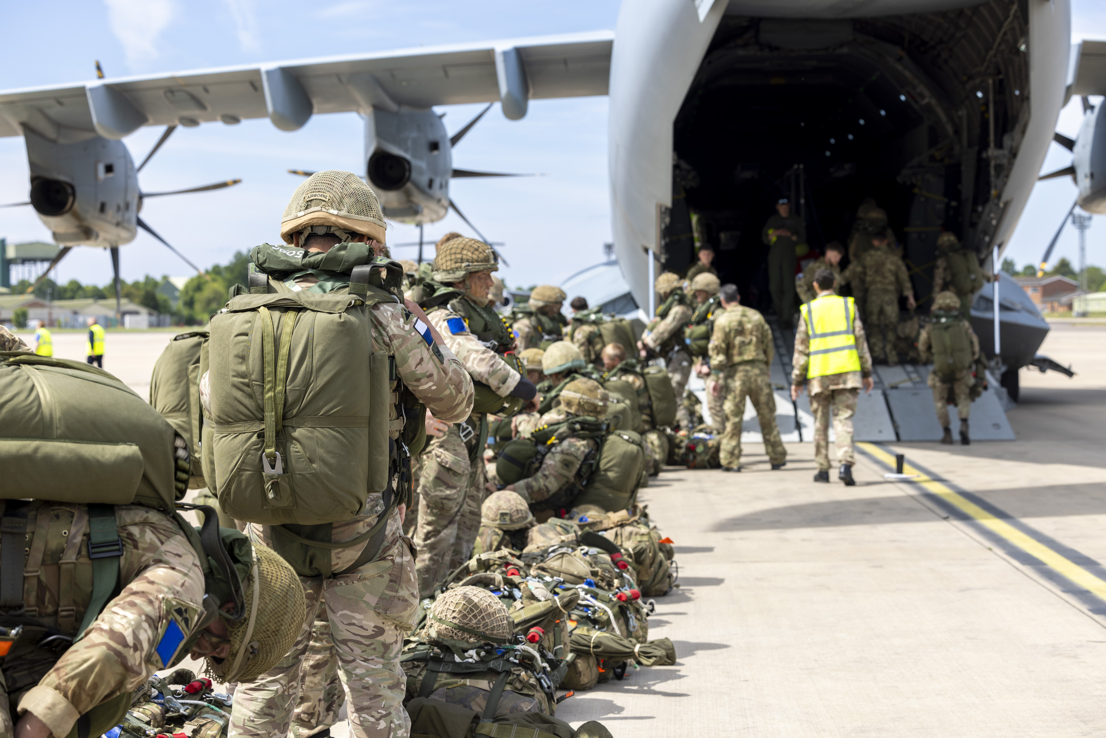 Paratroopers deployed on Exercise Swift Response seen boarding ATLAS C.1 A400M with all of their equipment and parachutes. 