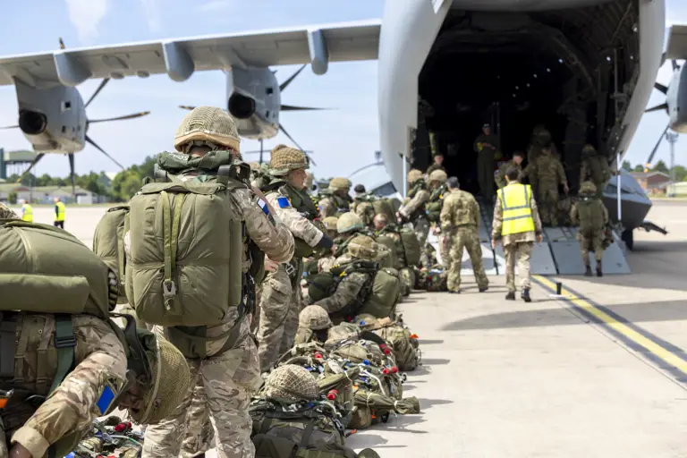 Paratroopers deployed on Exercise Swift Response seen boarding ATLAS C.1 A400M with all of their equipment and parachutes.