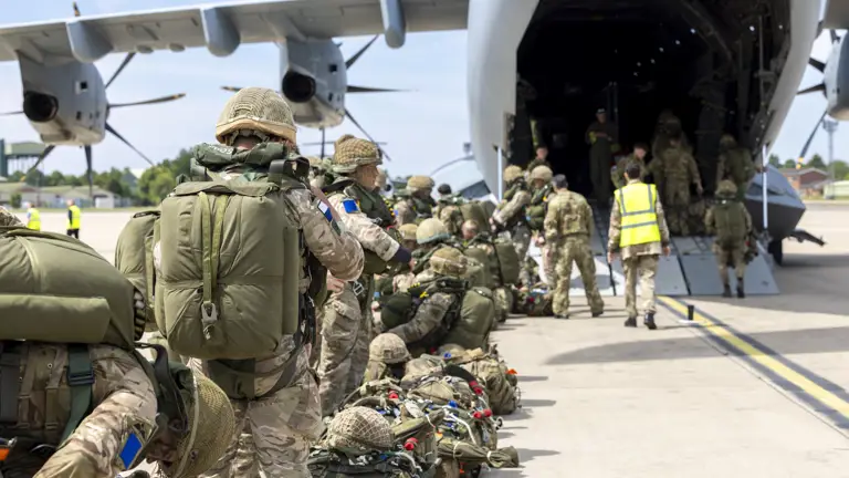 Paratroopers deployed on Exercise Swift Response seen boarding ATLAS C.1 A400M with all of their equipment and parachutes.
