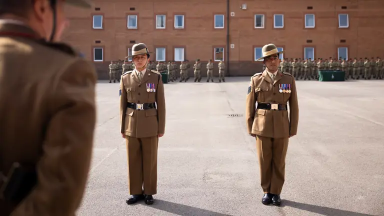 Two soldiers with brown smart uniforms and rows of medals across their chest stand in the middle of the parade square, there is another soldier in the foreground wearing brown uniform inspecting the two soldiers. The rows of soldiers in camouflage uniform are in the background.