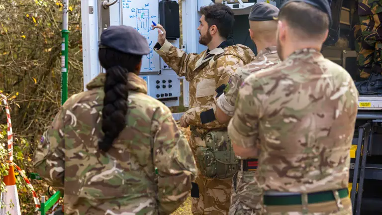 Soldiers in camouflage uniforms gathered outdoors around a whiteboard as one explains a tactical plan using diagrams and notes.