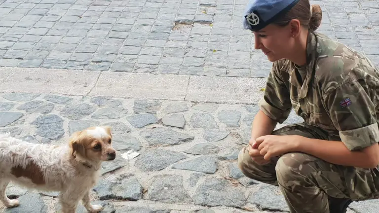A military personnel in a camouflage uniform and blue beret crouches on a cobbled street, smiling at a small, fluffy dog standing nearby.