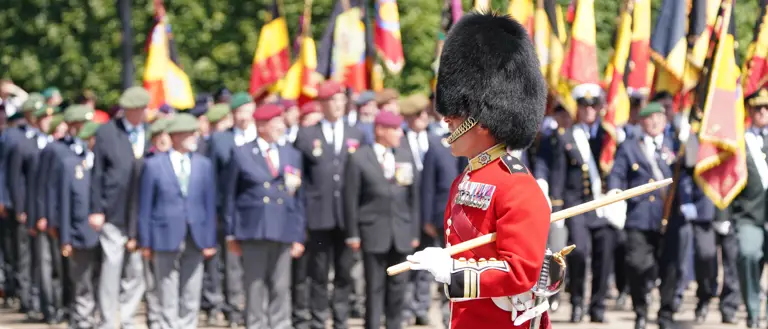 A person in a red ceremonial uniform and bearskin hat stands in the foreground.