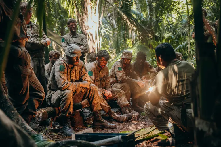 Group of soldiers in camouflage uniforms sitting and listening attentively to a briefing in a dense jungle setting.