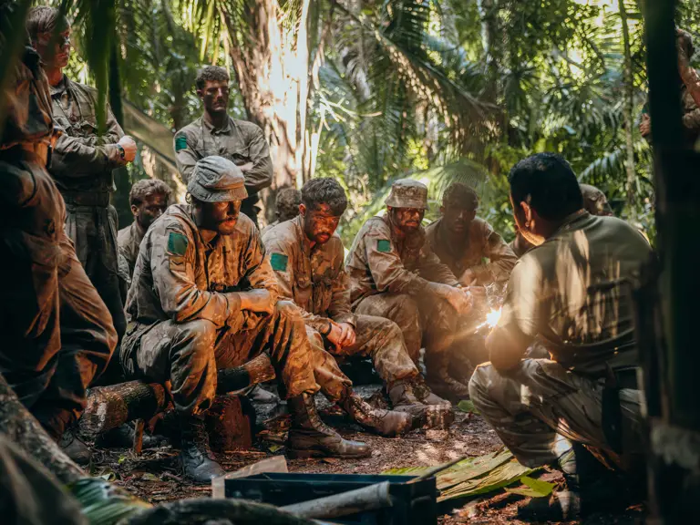 Group of soldiers in camouflage uniforms sitting and listening attentively to a briefing in a dense jungle setting.