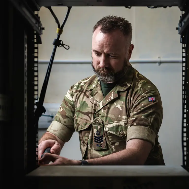 A British Army soldier tightens screws within a computer server rack to secure it.