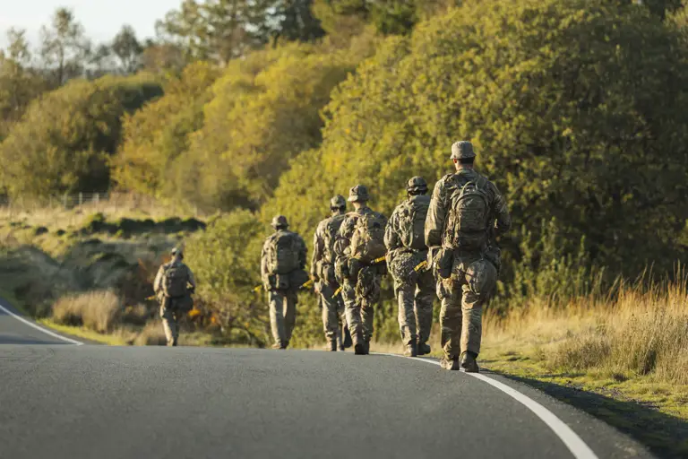 A group of soldiers in camouflage walks along a winding road amid lush, sunlit greenery.
